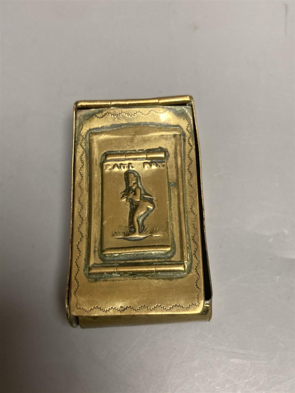 A 19th century three-part folding brass Paul Pry snuff box and five other items,